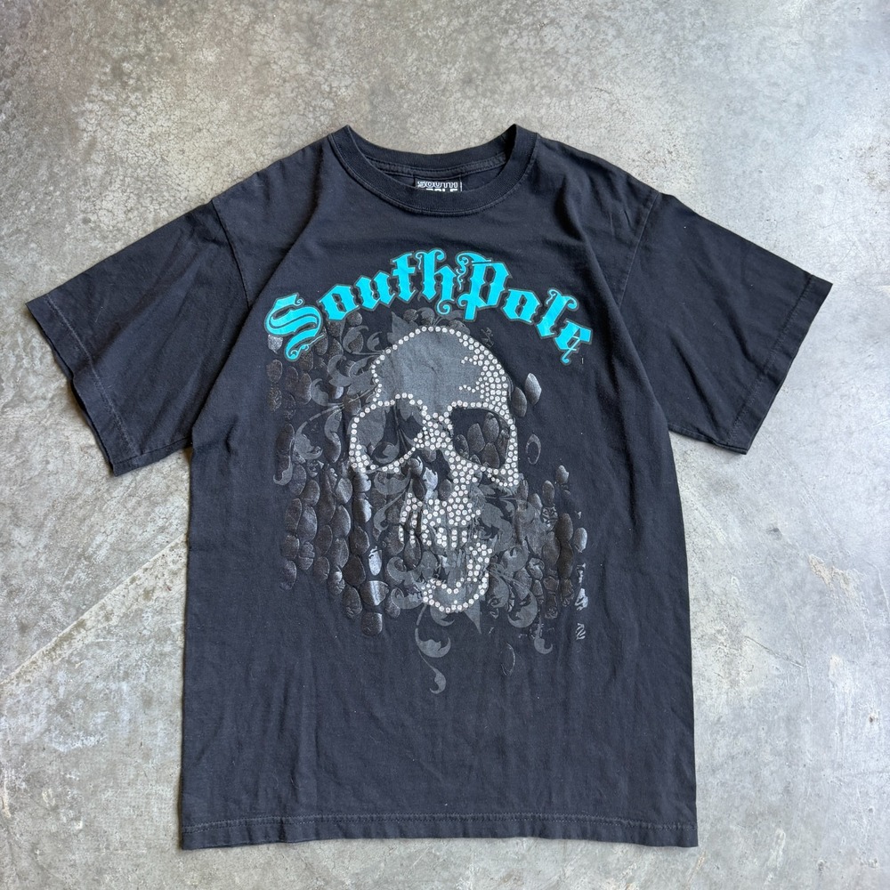 Crazy Y2K Grunge Emo Southpole Big Skull Graphic Black Embellished Shirt 19x27 S